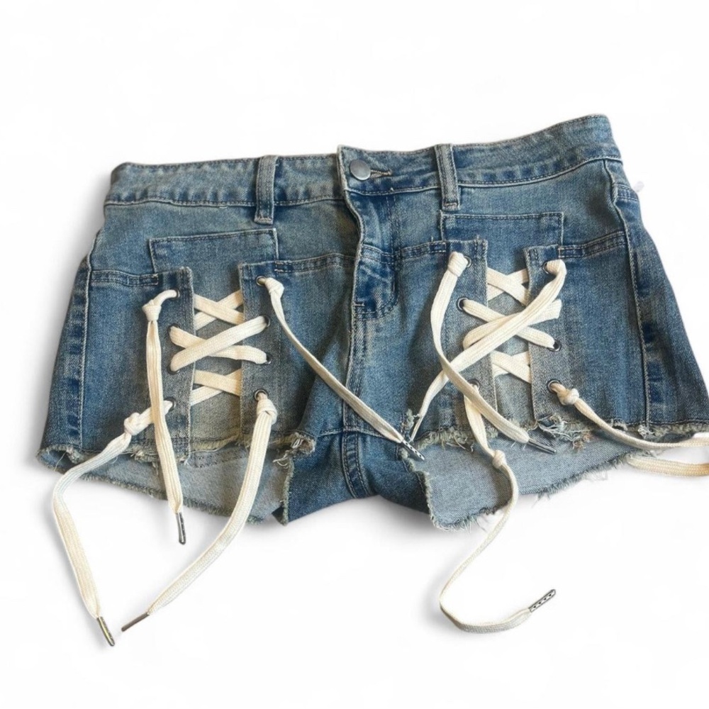 edge Denim Lace-Up Frayed Jean Shorts -‎ Light Blue